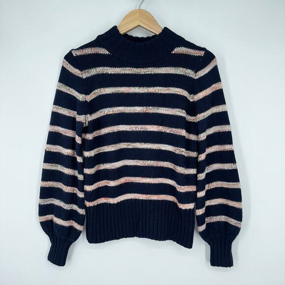 Madewell Striped Metcalf Chunky Knit Crew Neck Sweater Balloon Sleeve Navy Blue - Picture 4 of 10